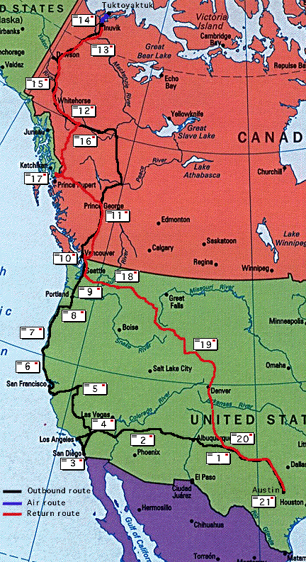 This map diagrams the route traveled, and
links to the individual Trip Reports.